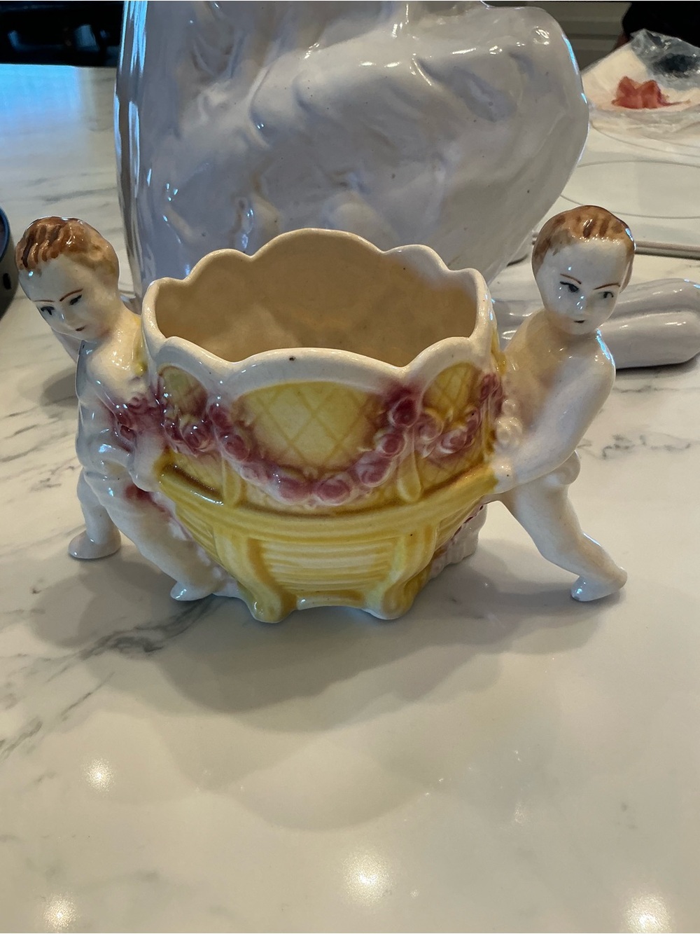 Vintage Cherub Planter in Yellow and Pink